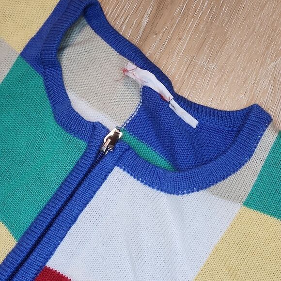 Multi Colored Checkerboard Zip Front Sweater Knit Short Sleeve Vintage 90s - Picture 5 of 6
